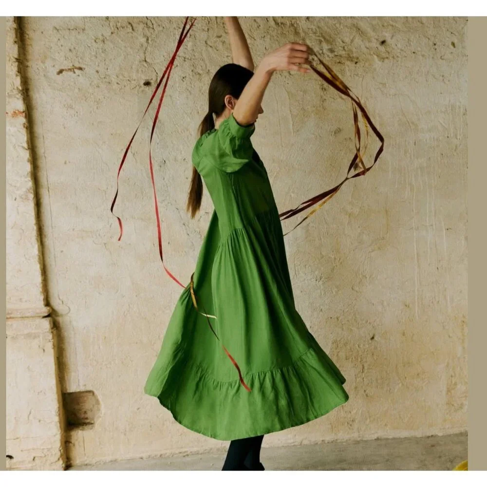 Toast Tiered Crinkle Twill Dress Spruce Green Midi Asymmetric Oversized Medium - Picture 3 of 14